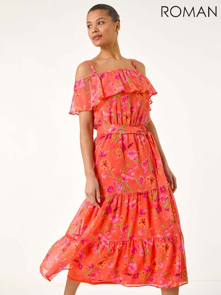 Roman Orange Spot Print Bardot Midi Dress (H24611) | €86