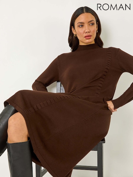 Roman Brown Pocket Detail High Neck Knit Dress (H24619) | €51