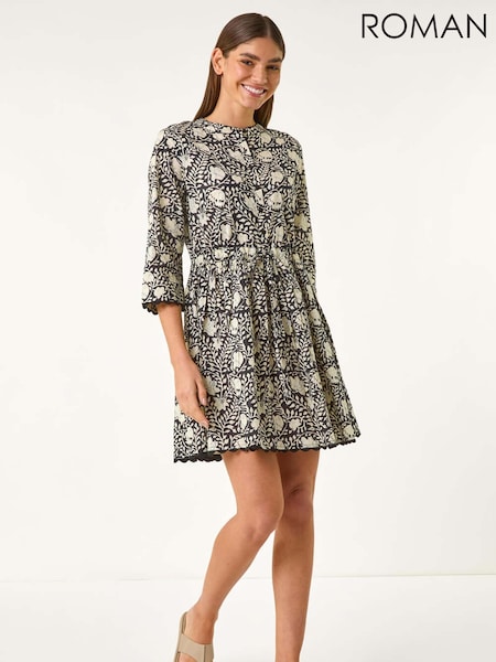 Roman Floral Print Frill Buttoned 100% Cotton Shirt Dress (H24635) | 335 LEI