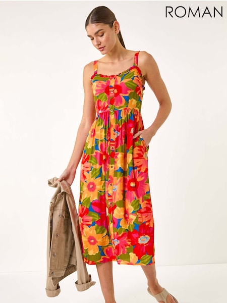 Roman Pink Floral Print Button Midi Sundress (H24636) | €64