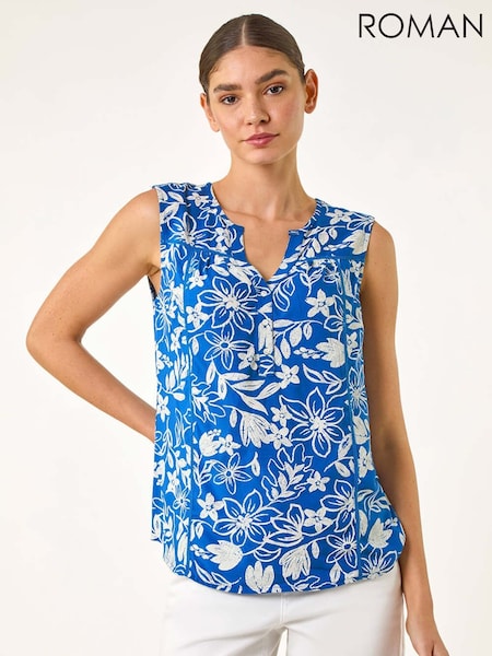 Roman Blue Floral Print V-Neck Vest Blouse (H24641) | €40