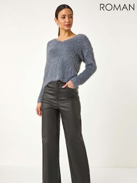 אפור - Roman V-Neck Fluffy Knit Jumper (H24648) | ‏264‏₪