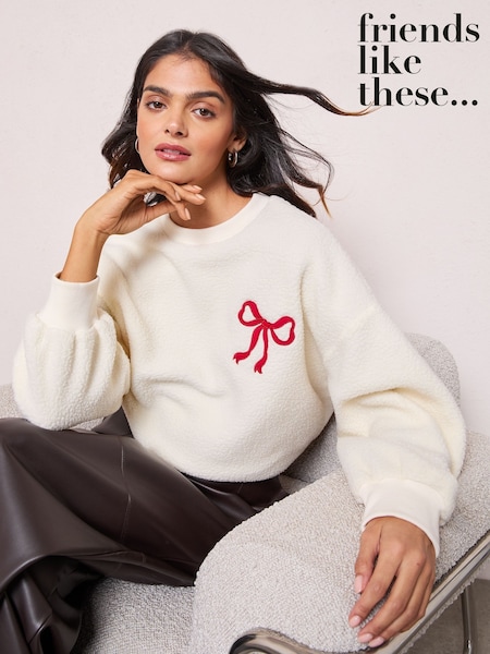 Friends Like These Cream Bow Embroidered Borg Sweatshirt (H24913) | AED175