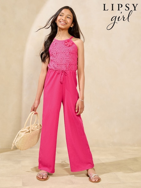 Lipsy Bright Pink Halter Crochet Corsage Holiday Shop Jumpsuit (5-16yrs) (H24989) | €43 - €53