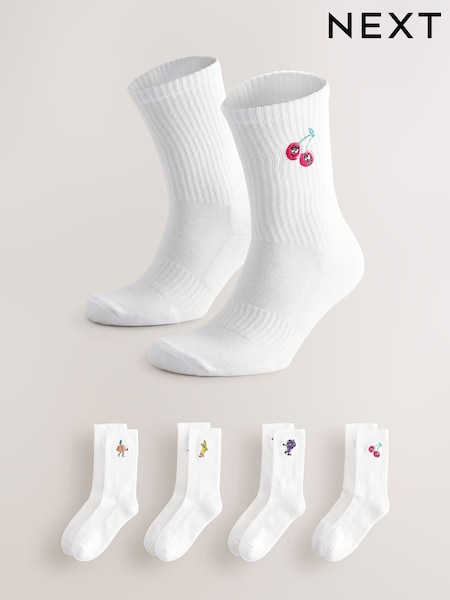 White Fun Fruit Embroidered Sports Socks 4 Pack (H25020) | R$ 145