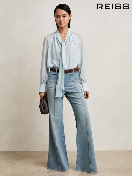 Reiss Pale Blue Tina Silk Blend Chiffon Tie-Neck Blouse (H25073) | €270