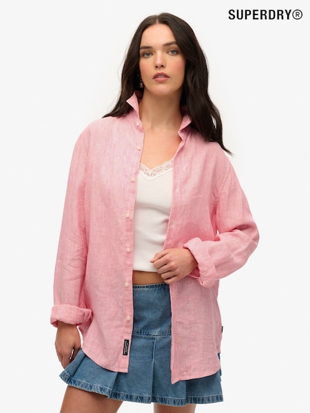 Superdry Pink Oversized 100% Cotton Casual Linen Long Sleeve Shirt (H25090) | kr1 164