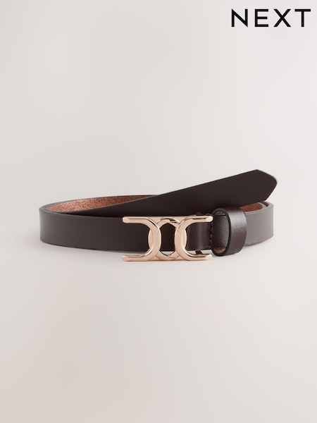 Chocolate Brown Statement Buckle Skinny Leather Belt (H25239) | 54 QAR