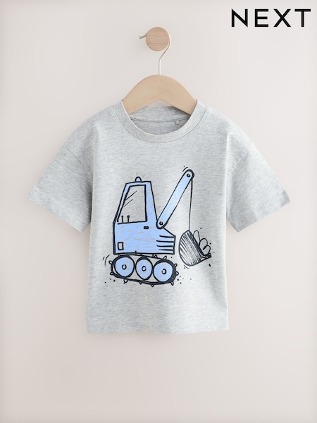 Grey Marl Blue Digger Short Sleeve Transport T-Shirt (3mths-7yrs) (H25254) | €8 - €11