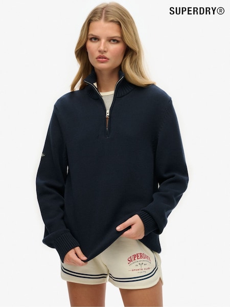 Superdry Blue Oversized Classics Half-Zip Knitted 100% Cottton Jumper (H25353) | AZN 150