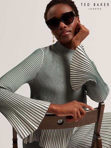 Ted Baker Green Aeris Ribbed Top With Fluted Hem And Sleeves (H25367) | €178