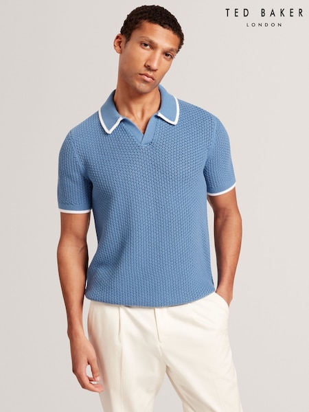 Ted Baker Blue Open Neck Sachair Waffle Stitch Polo Shirt (H25376) | R$ 880