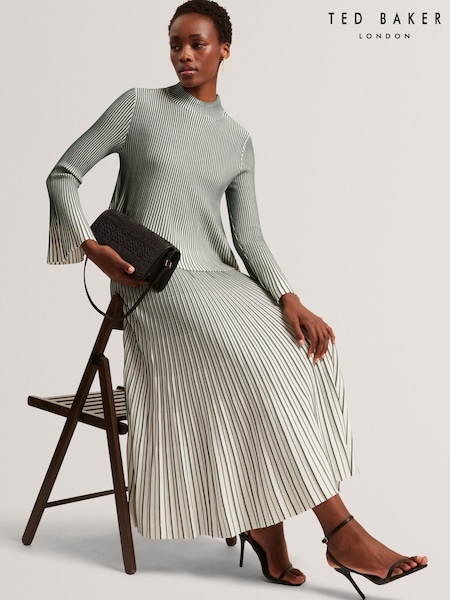 Ted Baker Green Jenavia Textured Stripe Knitted Midi Skirt (H25378) | €203