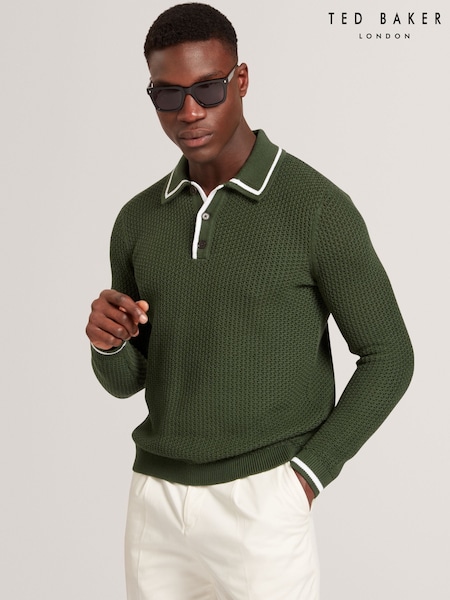 Ted Baker Green Brucei Waffle Stitch Knit Polo Shirt (H25384) | R$ 1.175