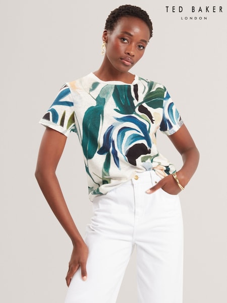 Ted Baker White Kcarole Linen Blend Printed Boxy T-Shirt (H25385) | €101