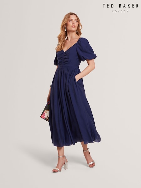Ted Baker Orlaah Puff Sleeve Ruched Detail Midi Dress (H25413) | R$ 2.555