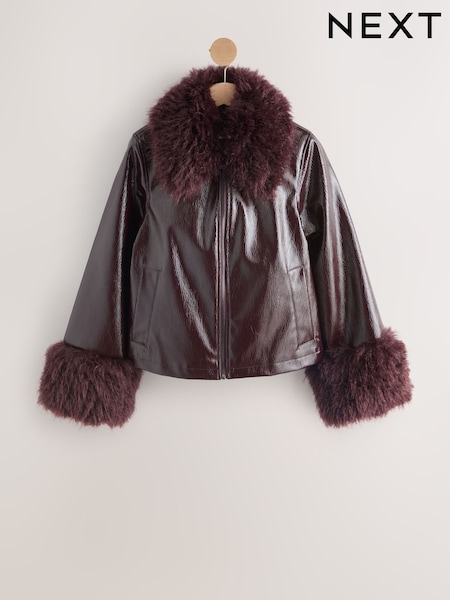 Burgundy PU Jacket with Faux Fur Trims (H25487) | €101