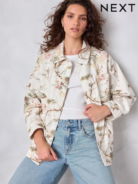 Ecru Bird Print Cotton Worker Jacket (H25488) | R$ 565