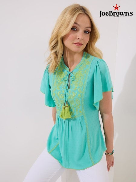 Joe Browns Green Lightweight Boho Embroidered Floaty Sleeve Top (H25598) | ₪251
