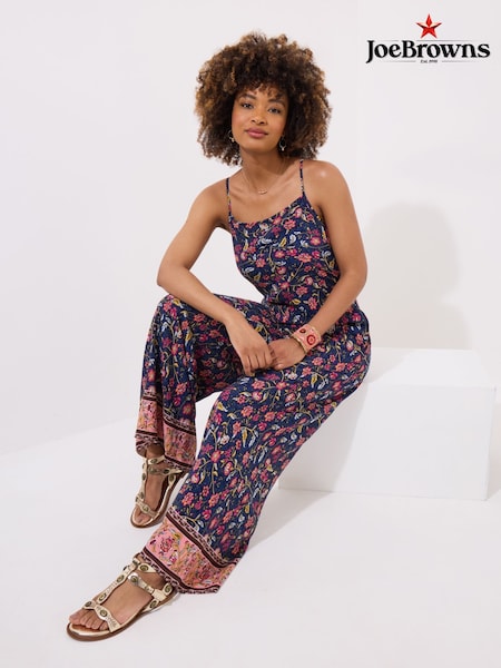 Joe Browns Blue Strappy Floral Border Print Jumpsuit (H25603) | ₪226