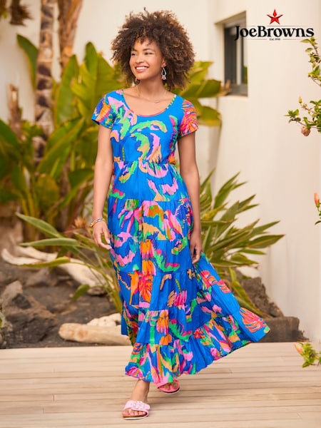 Joe Browns Blue Tropical Print Crinkle 100% Cotton Dress (H25606) | ₪327
