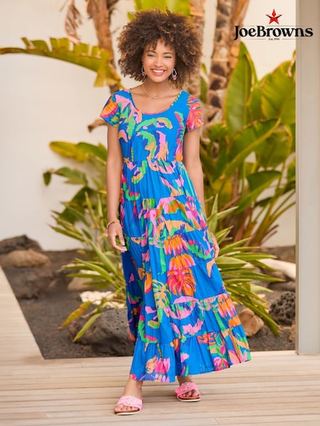 Joe Browns Blue Petite Tropical Print Crinkle 100% Cotton Dress (H25667) | €100