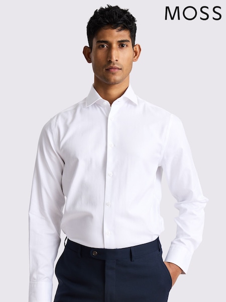MOSS White Tailored Fit Herringbone 100% Cotton Shirt (H25671) | €77
