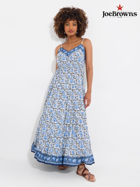 Joe Browns Blue Petite Border Print V-Neck Strappy Crinkle 100% Cotton Maxi Sundress (H25676) | $101