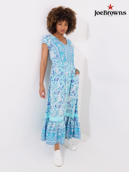 Joe Browns Blue Petite Button Detail Border Print Maxi Dress (H25680) | €100