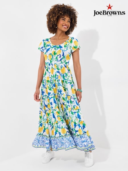 Joe Browns Green Petite Lemon Print Scoop Neck Crinkle 100% Cotton Dress (H25682) | kr928
