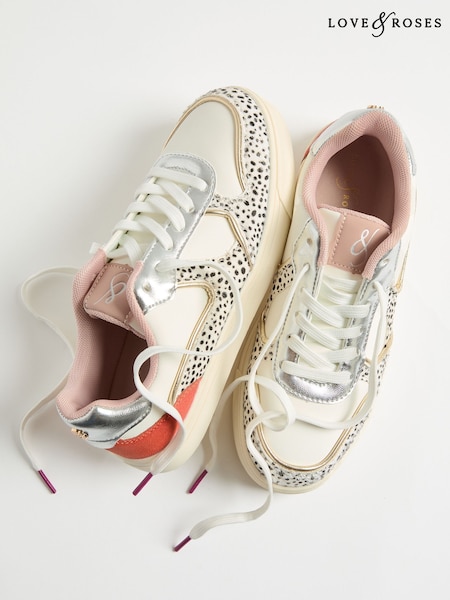 Love & Roses Multi White Spot Flatform Mix Material Comfort Retro Low Top Trainers (H25696) | €62