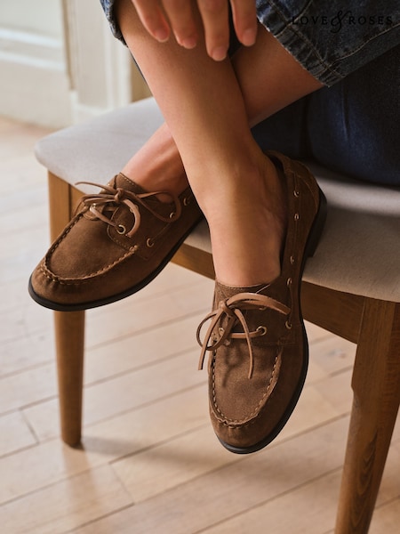Love & Roses Tan Brown Suede Lace Up Casual Boat Shoes Loafers (H25715) | AED320