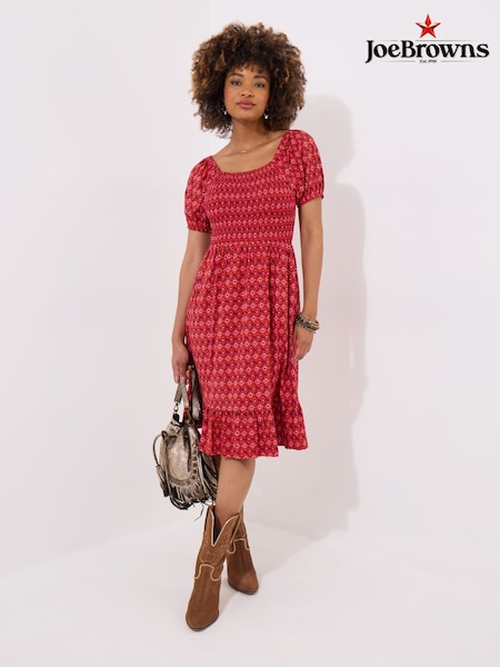 Joe Browns Red Geo Print Shirred Waist Cap Sleeve Jersey Dress (H25763) | €67