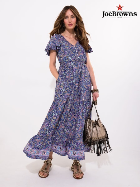 Joe Browns Blue Boho Paisley Printed Frilly Sleeve Tiered Maxi Dress (H25765) | ₪302