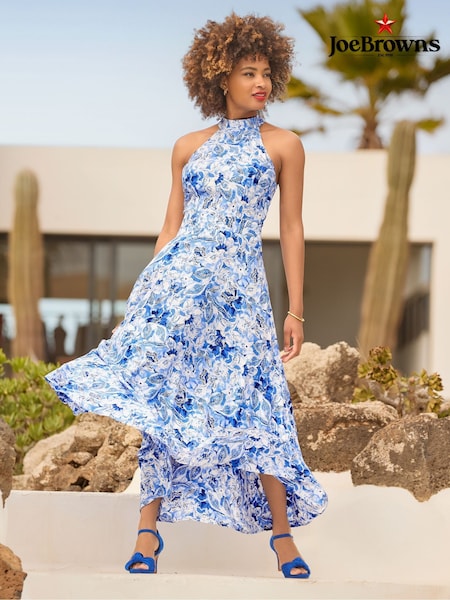 Joe Browns Blue Petite Floral Printed Woven Halterneck Dress (H25795) | kr928