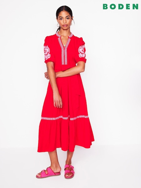 Boden Red 100% Cotton Amara Embroidered Jersey Dress (H25846) | €154
