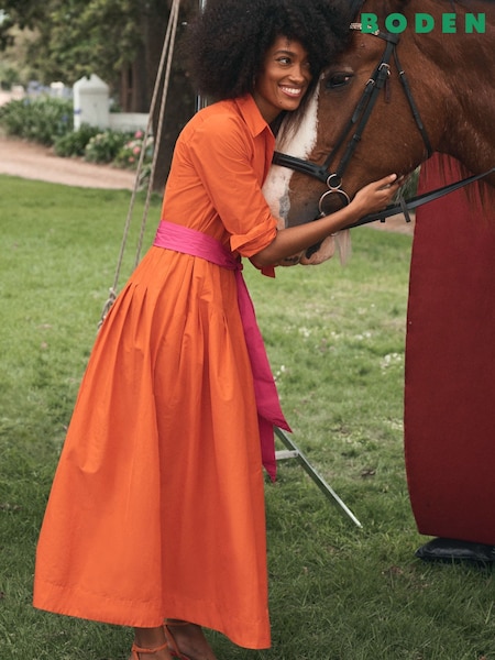 Boden Red Maxi Pleated 100% Cotton Shirt Dress (H25894) | €273
