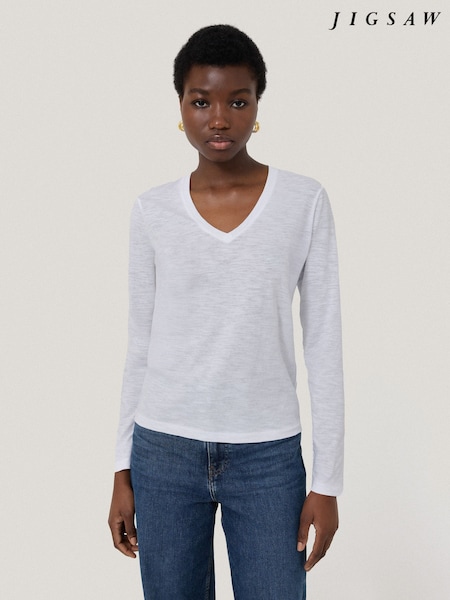 Jigsaw White 100% Cotton Slub V-Neck Long Sleeve T-Shirt (H25925) | ₪226