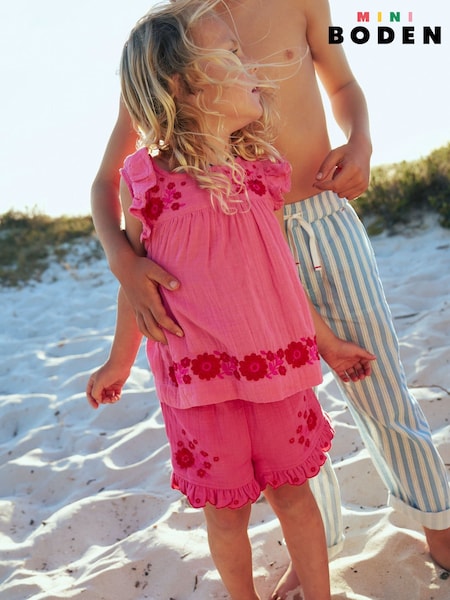 Boden Pink Double Cloth Frill Hem Embroidered 100% Cotton Shorts (H25985) | €39 - €45
