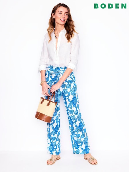 Boden Blue Belted Linen Trousers (H25987) | €165