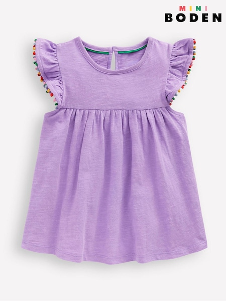 Boden Frill Sleeve 100% Cotton Pom Top (H25995) | 112 LEI - 127 LEI