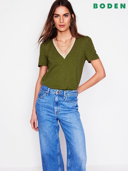 Boden Green Metallic Trim V-Neck T-Shirt (H26026) | ₪161