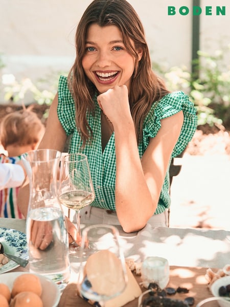 Boden Green Frill Sleeve Seersucker 100% Cotton Top (H26028) | €84