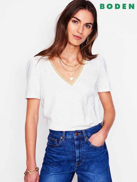 Alb - Boden Metallic Trim V-Neck T-Shirt (H26049) | 238 LEI