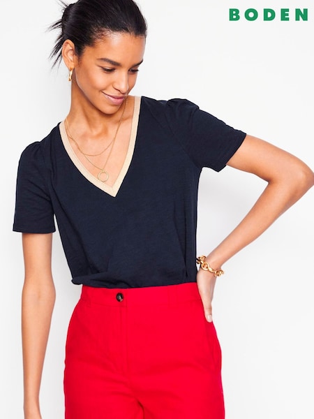 Boden Blue Metallic Trim V-Neck T-Shirt (H26053) | ₪161