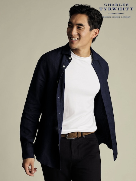 Charles Tyrwhitt Blue Slim Fit Slim Fit Plain Button Down Pure 100% Linen Shirt (H26086) | €107