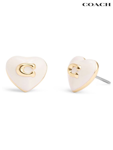 COACH Gold Tone Signature Enamel Heart Stud Earrings (H26303) | $100