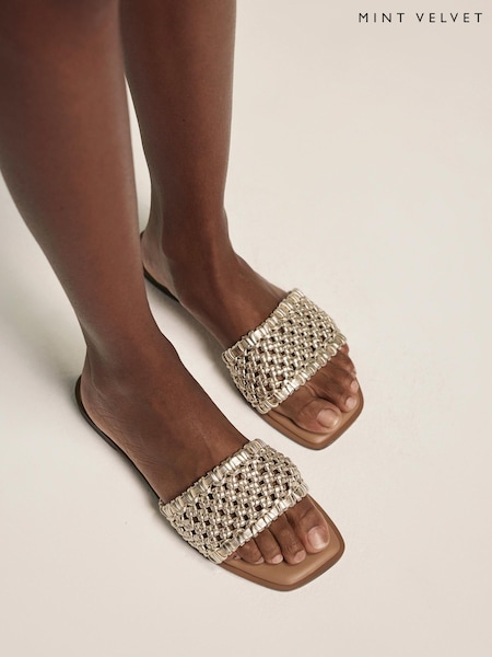 Mint Velvet Gold Sophie Leather Woven Sliders (H26379) | €113