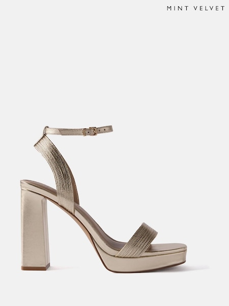 Mint Velvet Gold Leather Platform Strappy Heels (H26396) | ₪654