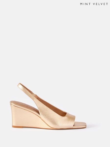 Mint Velvet Gold Sasha Leather Wedge Heels (H26409) | 594 QAR